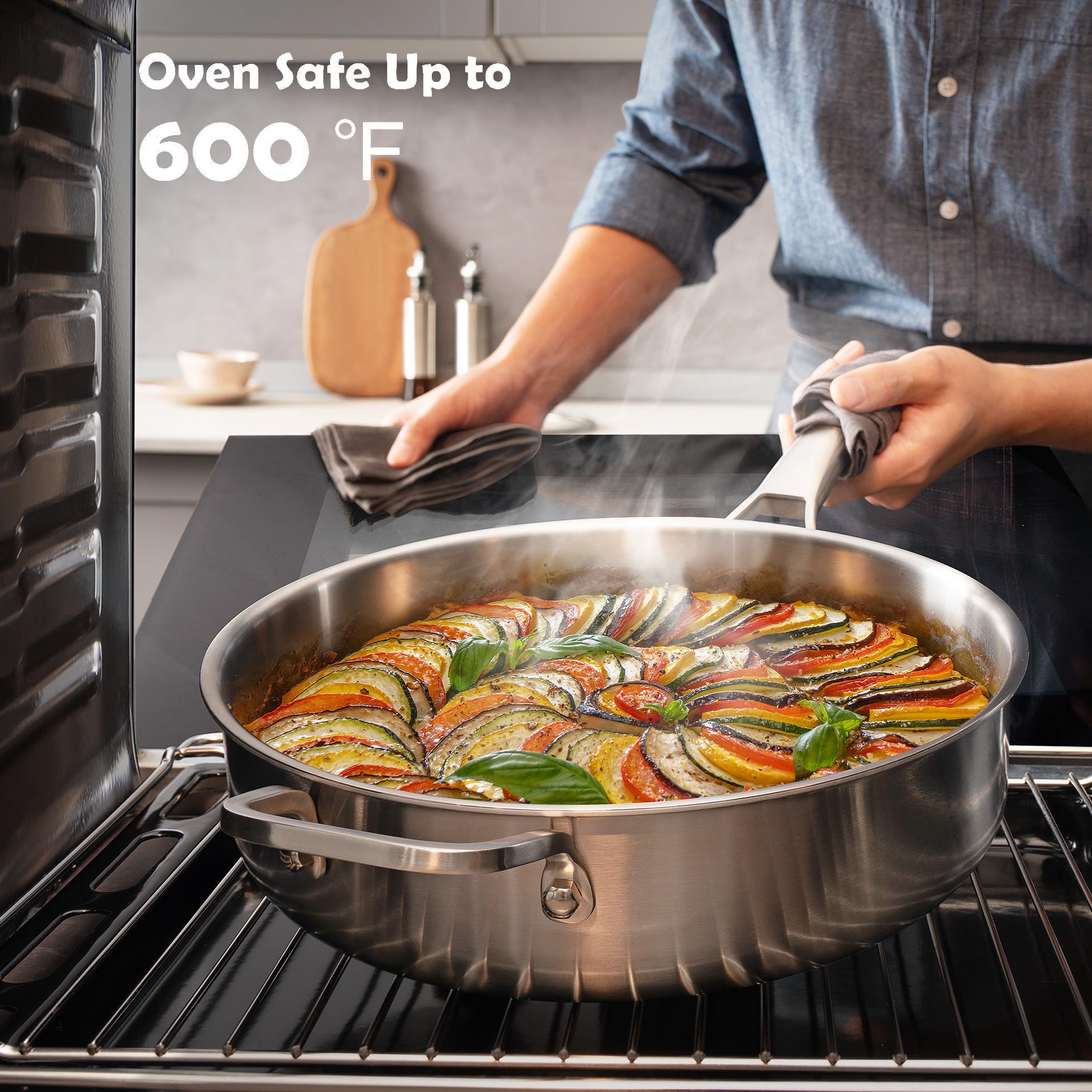 VocVoi Stainless Steel Pan with Lid, 6 QT Stainless Steel Saute Pan, 12 Inch Frying Pan, PFOA & PTFE Free, Tri-Ply Skillet, Stainless Steel Pot, Dishwasher & Oven Safe, Works on All Cooktops