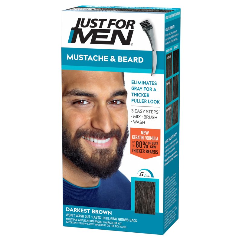 Just For Men Mustache & Beard, multiple uses Beard Coloring for Gray Hair, Brush Included, With Keratin Biotin Aloe and Coconut Oil for Healthy Facial Hair - Darkest Brown, M-50 (Packaging May Vary)