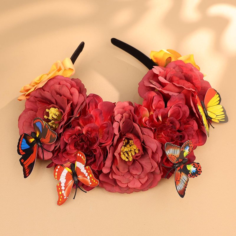 Yheahin Mexican Rose Flower Crown Headband for Women Butterfly Floral Headpiece Day of The Dead Headband Cosplay Party Costume Flower Hair Accessories (Butterfly 2- red, Elastic)