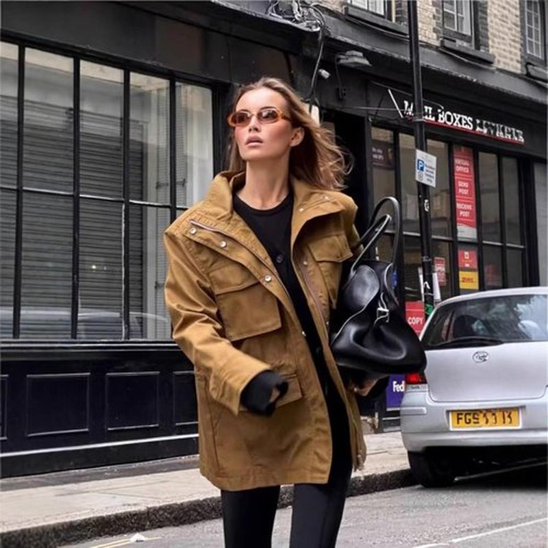 FindThy Women's Utility Jacket - Casual Stand Collar with Drawstring Waist & Multi Pockets | Stylish Outerwear