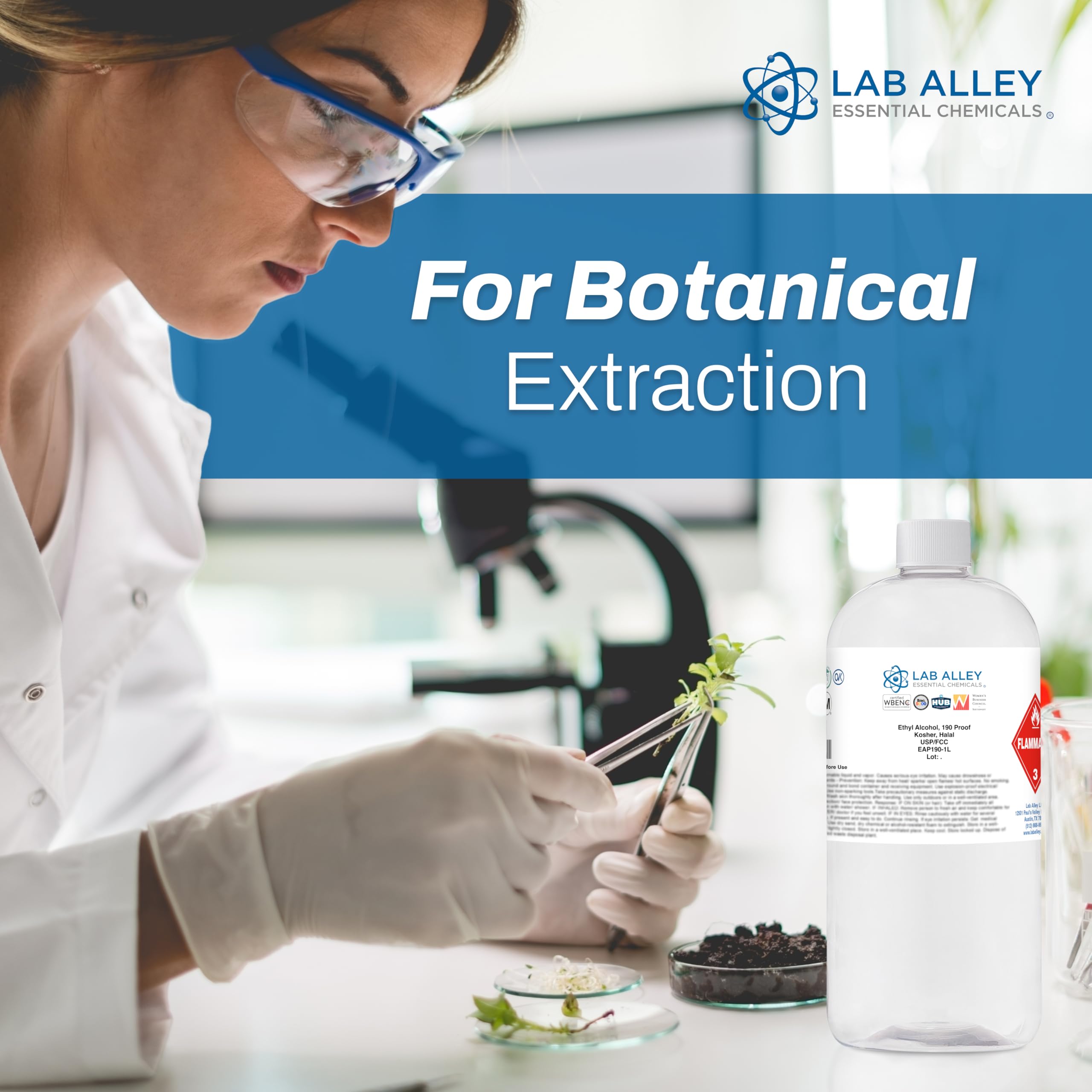 Lab Alley Ethanol 190 Proof (95%) USP/FCC Food Grade Alcohol, Grain Alcohol Solvent, Kosher, Laboratory & Extraction Use (1 Liter)