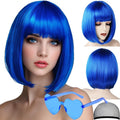 VCAY Bob Wig, 12 Inch Short Blue Bob Wig with Bangs,Straight Cosplay Wig,Heat Resistant,Adjustable Straps Wigs for Women Girl with Wig Cap