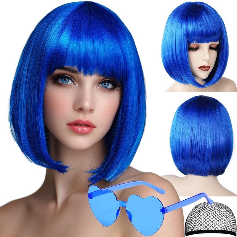 VCAY Bob Wig, 12 Inch Short Blue Bob Wig with Bangs,Straight Cosplay Wig,Heat Resistant,Adjustable Straps Wigs for Women Girl with Wig Cap