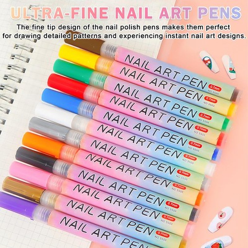 IONSGAKO Nail Art Pens Set 3D Nail Polish Pens Acrylic Paint Nail Drawing Liner Graffiti Dotting Nail Art Pen Kit Tools for Professional Nail Art Design(12 Colors)