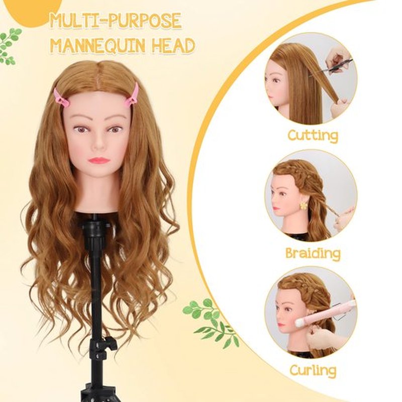 Mannequin Head with 80% Human Hair 26-28’’,Cosmetology Mannequin Practice Head with Human Hair, Doll Head for Braiding Hairstyling Cutting with Clamp Holder and Tools
