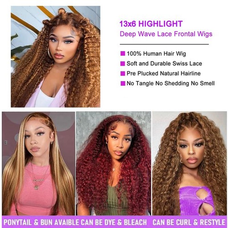 Cfaimity 13x6 Highlight Ombre Lace Front Wigs Human Hair P4/27 Honey Blonde Lace Frontal Wigs 180 Density Colored deep Curly HD Lace Front wigs Human Hair Wig Pre Plucked with Baby Hair 24Inch