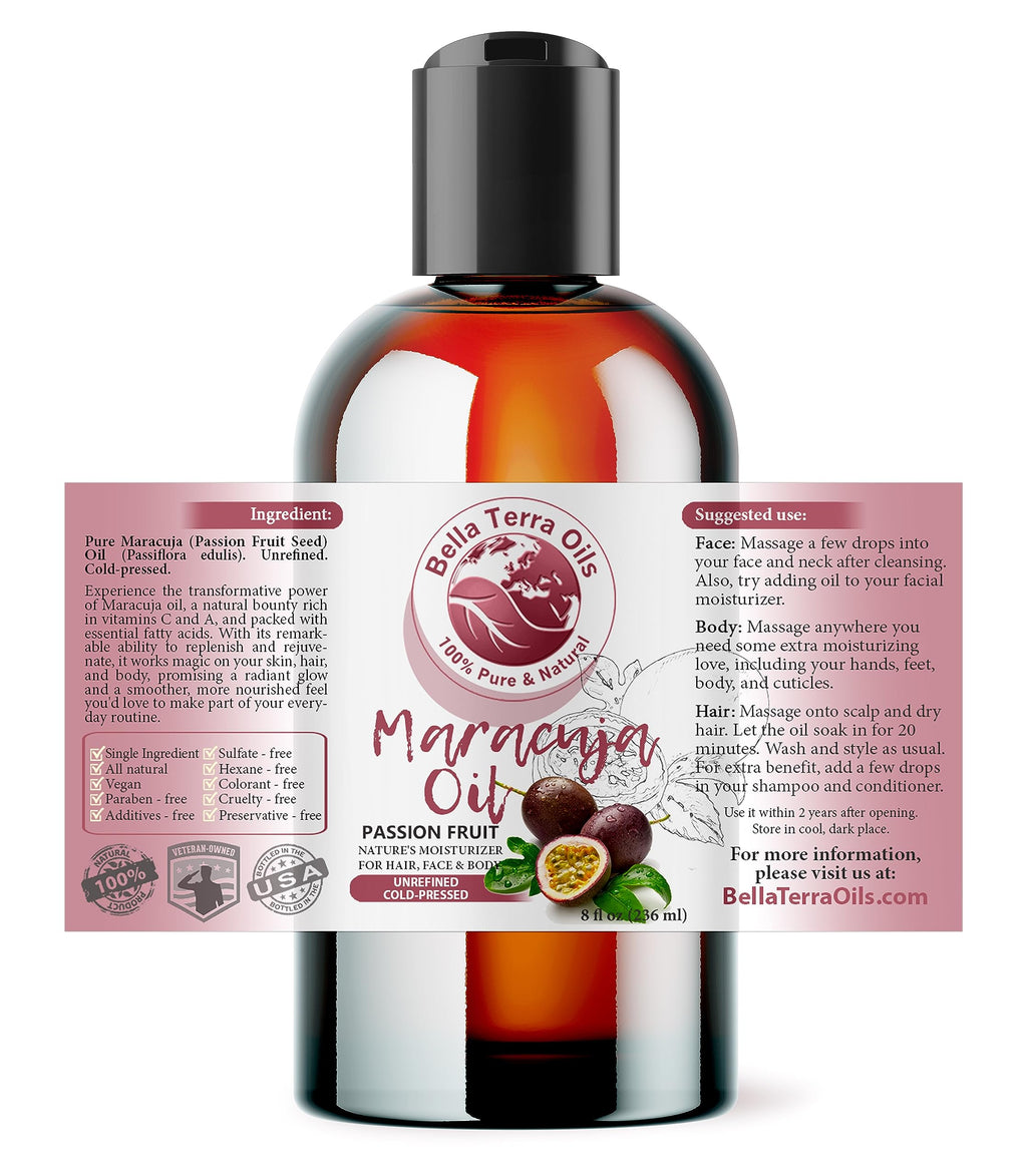Bella Terra Oils - Maracuja (Passion Fruit) Oil 8 oz - A Symphony of B-Vitamins & Antioxidants, Immerse in the Luxury of Silky, Soft Skin