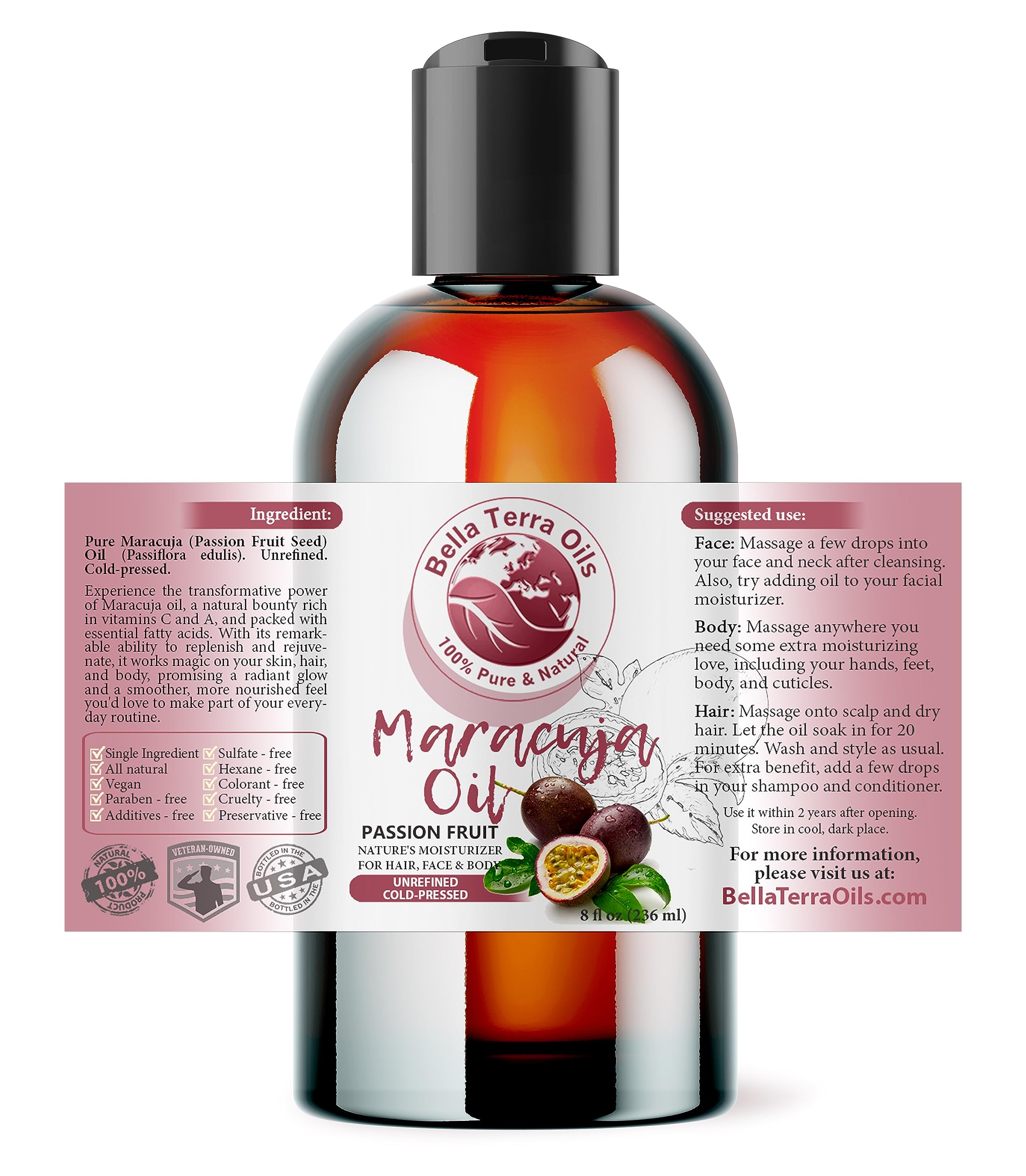 Bella Terra Oils - Maracuja (Passion Fruit) Oil 8 oz - A Symphony of B-Vitamins & Antioxidants, Immerse in the Luxury of Silky, Soft Skin