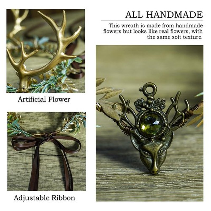 MOSTORY Woodland Gold Antler Crown - Forest Elf Headpiece Fairy Floral Circlet for Women Renaissance Fair Halloween Renfaire Cosplay Photo Shoot