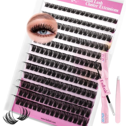 FADLASH Lash Extension Kit Fluffy Lash Clusters 0.07 D Curl Mixed Tray Wispy Eyelash Clusters with Lash Bond and Seal Lash Tweezer Diy Lash Clusters Kit for Beginners at Home(C3-0.07D, 8-16mm Kit)