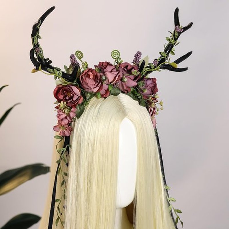 MOSTORY Dark Flower Antler Headband - Floral Black Reindeer Headpiece for Renaissance Accessories Women, Woodland Deer Hairband with Vine for Mother Nature Costume Cosplay Fairy Aesthetic
