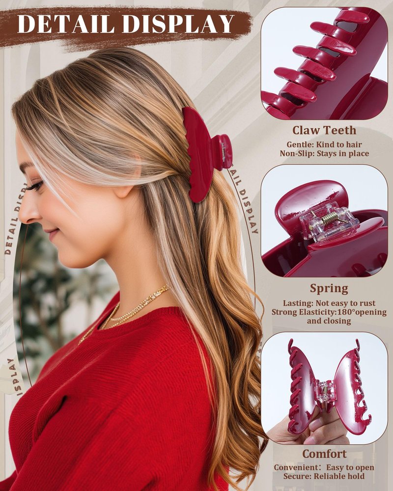 Ufgin Cherry Red Acetate Hair Claw Clips for Women 3.9 Inch Large French Banana Clip and 2 PCS Small No-Slip Claw Clips for Thick or Thin Hair（Red）