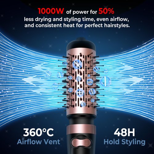 3 in 1 Rotating Hair Dryer Brush, Auto Rotating Blow Dryer Brush Spinning with 2 Brushes (2" & 1.5"), Negative Ionic Brush Blow Dryer, Round Brush Blow Dryer Volumize Curling 100-120V