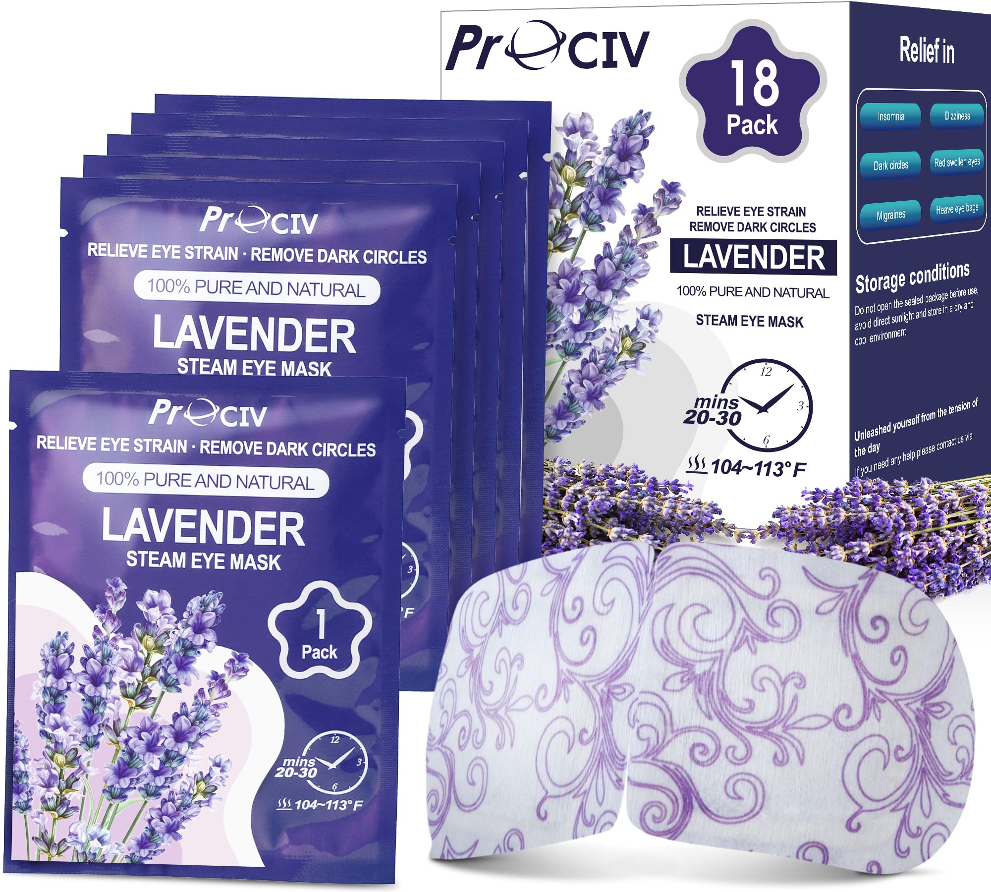 ProCIV 18 Packs Lavender Steam Eye Masks, Heated Eye Masks for Dark Circles and Puffiness Disposable Warming Eye Masks for Soothing Headache Reliefing Eye Fatigue(Lavender)