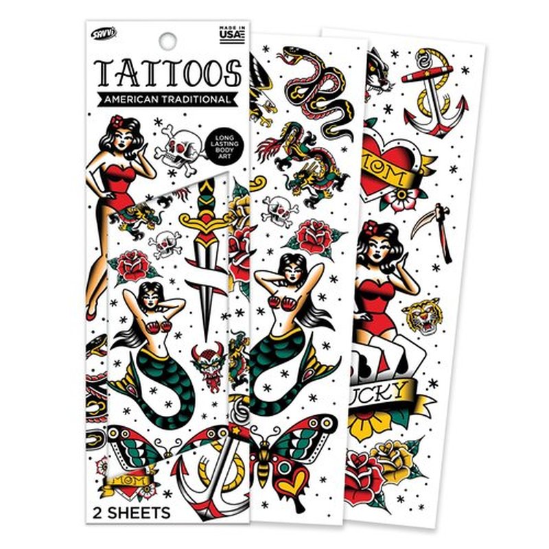 Savvi - 18 American Traditional Temporary Tattoos: Skin-Safe Ink, Great for Parties and Everyday Wear,Gifts for Teens and Adults, Made in the USA [2 sheets, 18 count]