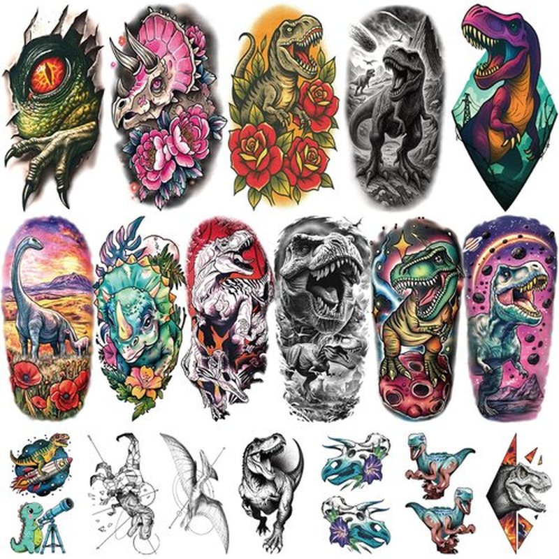 77PCS Dinosaur Temporary Tattoos for Kids, 17PCS Half Sleeve Tyrannosaurus T-Rex Triceratops Temporary Tattoos for Boys, 60PCS Raptor Dino Fake Tattoos for Boys Girl Cosplay Birthday Party Favors