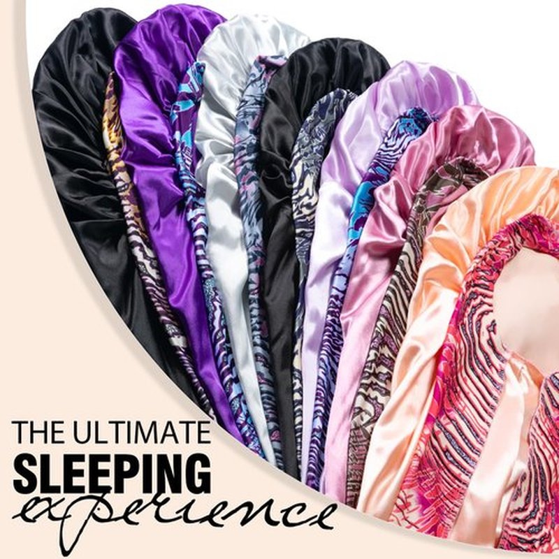 2Pcs Bonnets for Women Sleeping Braid Bonnet, Large Long Satin Silk Bonnet for Braids, Black Women Braid Bonnets with Stretchy Tie Band for Sleeping Extra Long (Black & Purple Pattern)