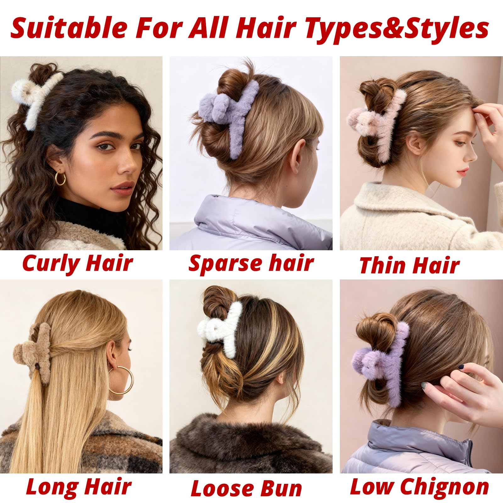 VinBee 4 PCS Faux Fur Hair Clips Large Plush Hair Catch Barrette Jaw Clamp for Women Girls Half Bun Hairpins for Thick Hair Cute Claw Clips Hair Accessories (4.5 Inch)
