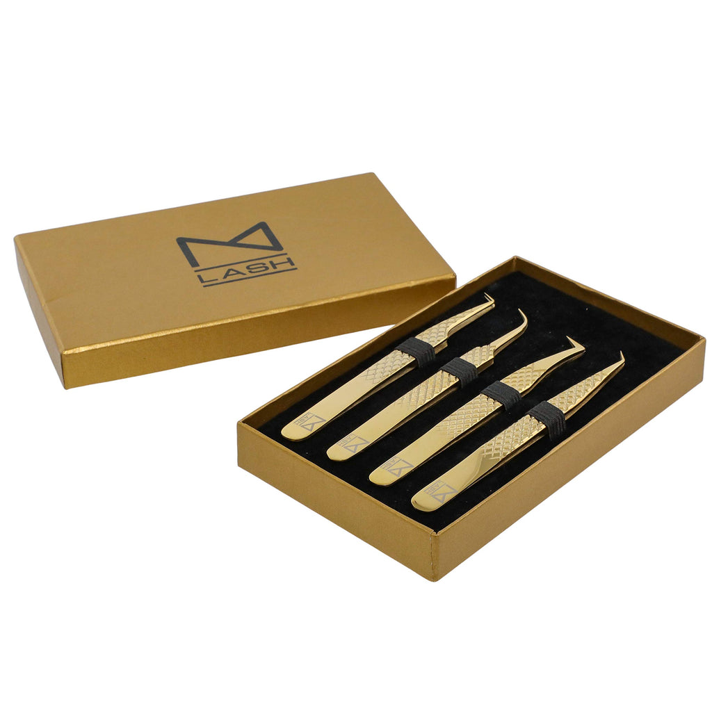M LASH Tweezers for Eyelash Extensions (Set of 4) - Professional Lash Extension Tweezers - Fiber Tip, Japanese Steel, Diamond Grip Eyelash Extension Tweezer set (Multi-Color)