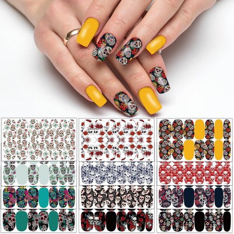TailaiMei 12 Sheets Day of The Dead Nail Wraps Strips Stickers, Día de Muertos Self-Adhesive Halloween Skulls Nail Art Decals for DIY Horror Nail Decorations (Skull Style)