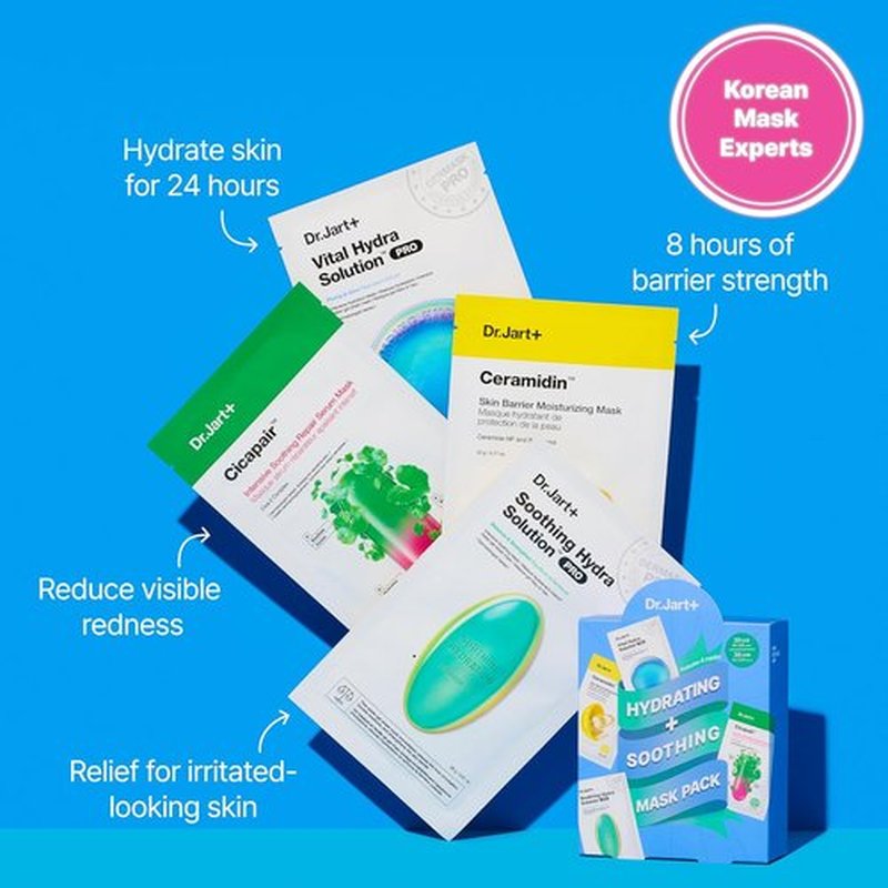 Dr.Jart+ Hydrating Face Mask Set - 4 Soothing Korean Skin Care Masks for Glowing Skin