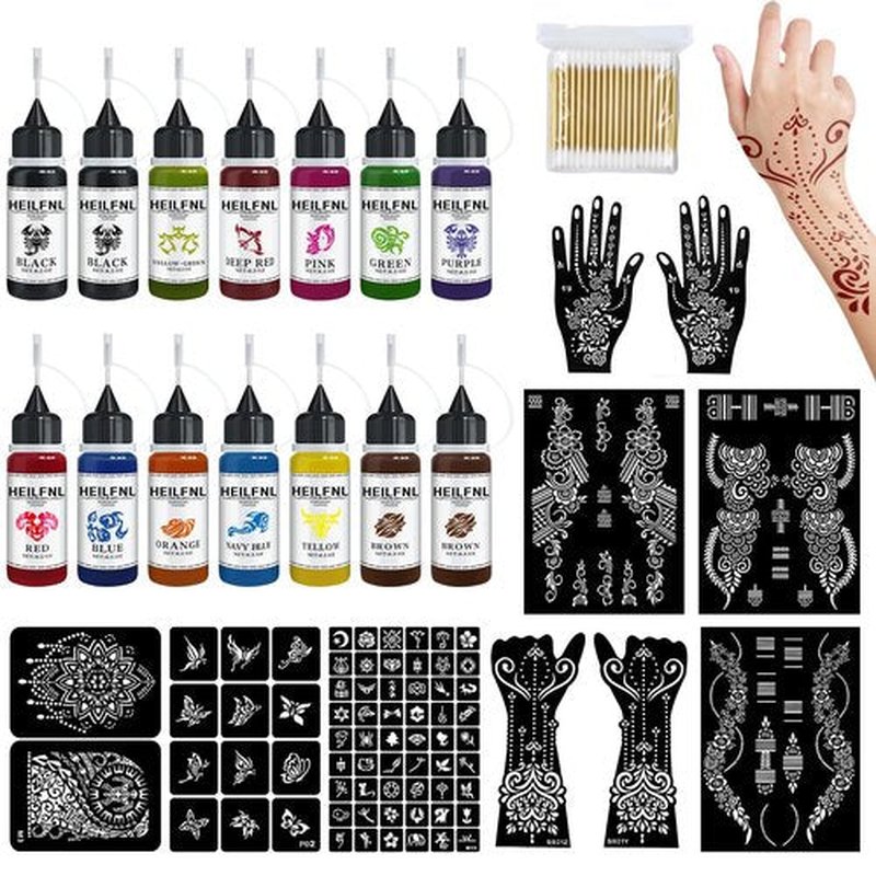 HEILFNL Temporary Tattoo Kit - 14 Bottles Color Temporary Tattoo Ink with 75 Pcs Stencils, DIY Fake Tattoos - Suitable for Adults, Teens, Women, Men & Art Painting Party