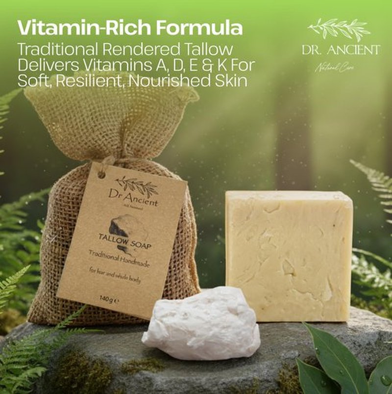 Dr.Ancient Tallow Soap Bar, Organic Soap Bars Handcrafted the Traditional Way, Natural Chemical-Free, Used for Face and Body, Gently Cleanses, Softens Skin, Supports Hydration, and Daily Routine
