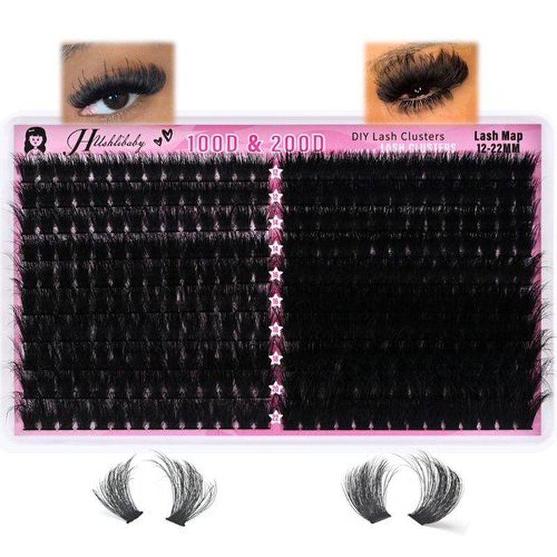 Lash Clusters 100D+200D Mega Thick Lashes Clusters 12-22mm Wispy Individual Thick Volume Lashes Cluster Eyelash Extensions 280Pcs DIY Lash Extension at Home, by Hushlibaby(Plant Fiber)