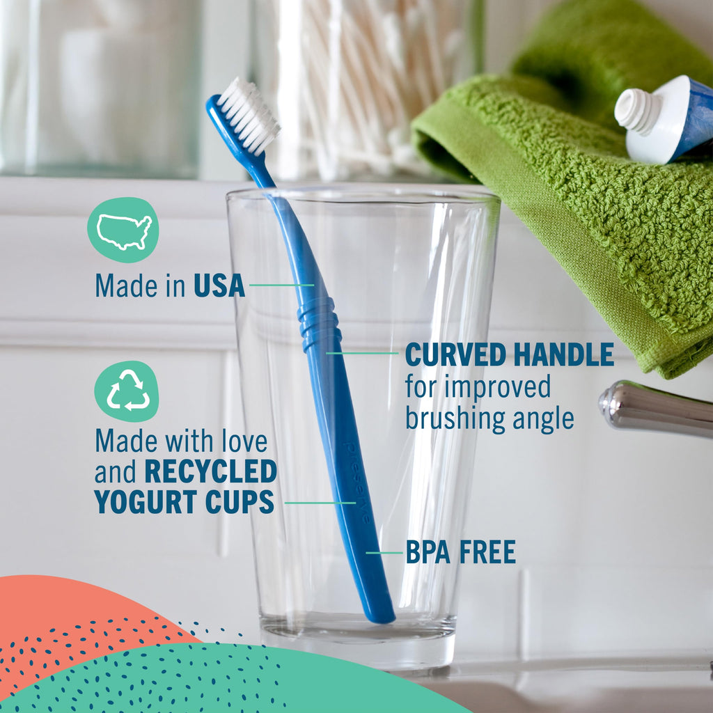 Preserve Eco Friendly Adult Toothbrushes, Made in The USA from Recycled Plastic, Lightweight Package, Ultra Soft Bristle BPA Free Tooth Brush, Colors Vary, 6 Pack