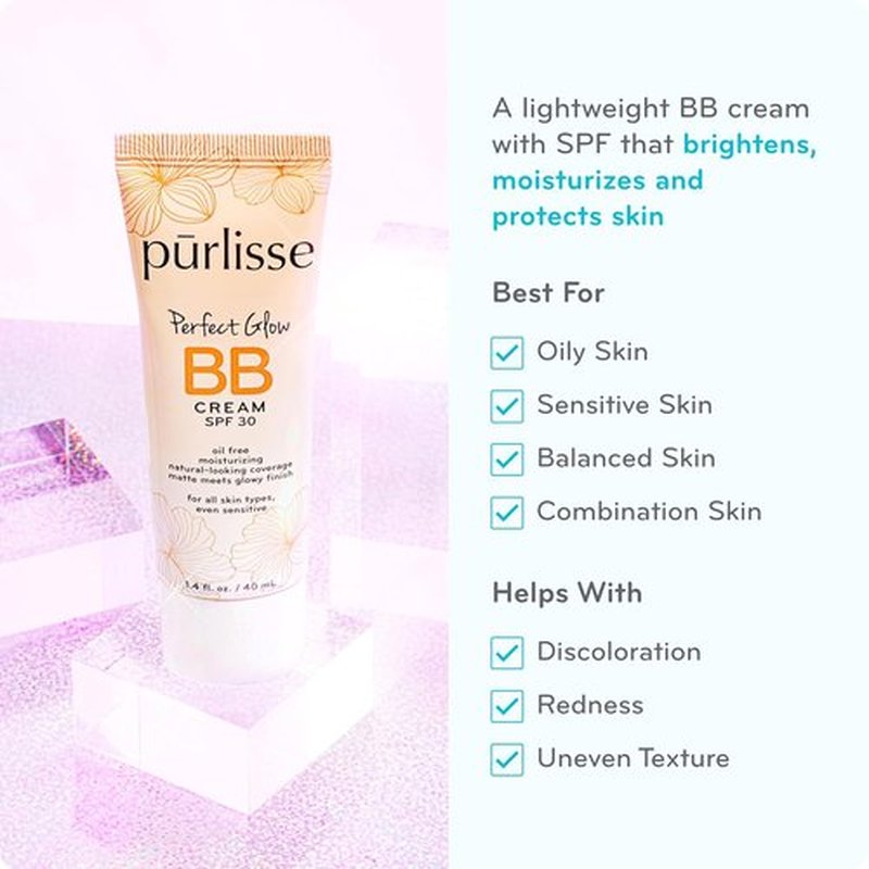 Pūrlisse Perfect Glow BB Cream with SPF 30 - Matte & Dewy Finish - Enriched with Goji & Hawthorn Berry - Fair (1.4 oz)