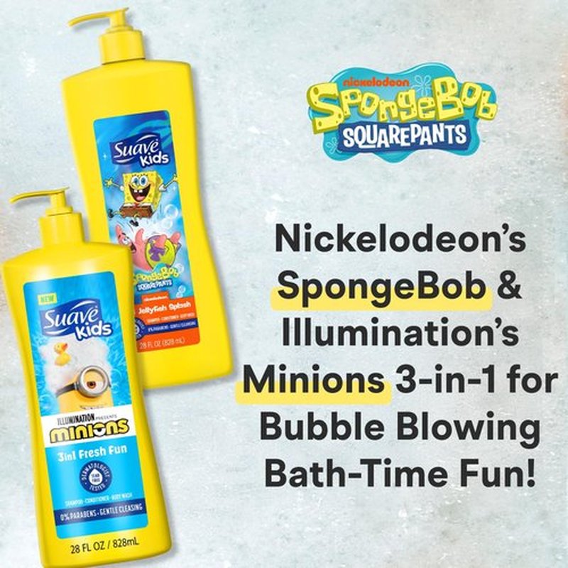 Suave Kids 3-in-1 Variety 2-Pack –Minions Fresh Fun + Spongebob Square Pants Jelly Fish Splash Tear-Free Shampoo, Conditioner & Body Wash, 28 Oz Each