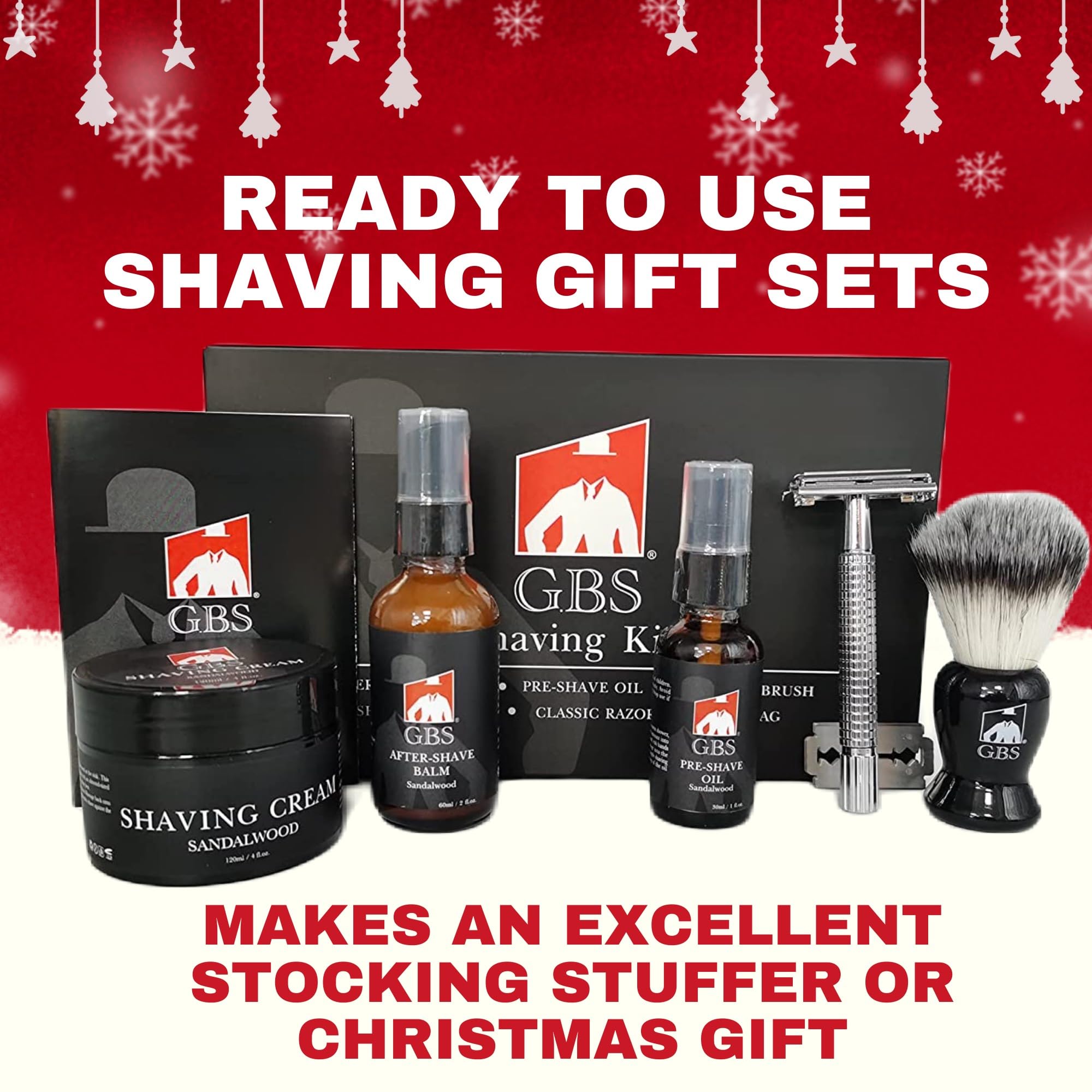 GENTS Complete Shaving Kit Gift Set for Men - Safety Razor with Sandalwood Shave Cream, Aftershave Balm, Pre-Shave Oil & Brush - Chriistmas Gift