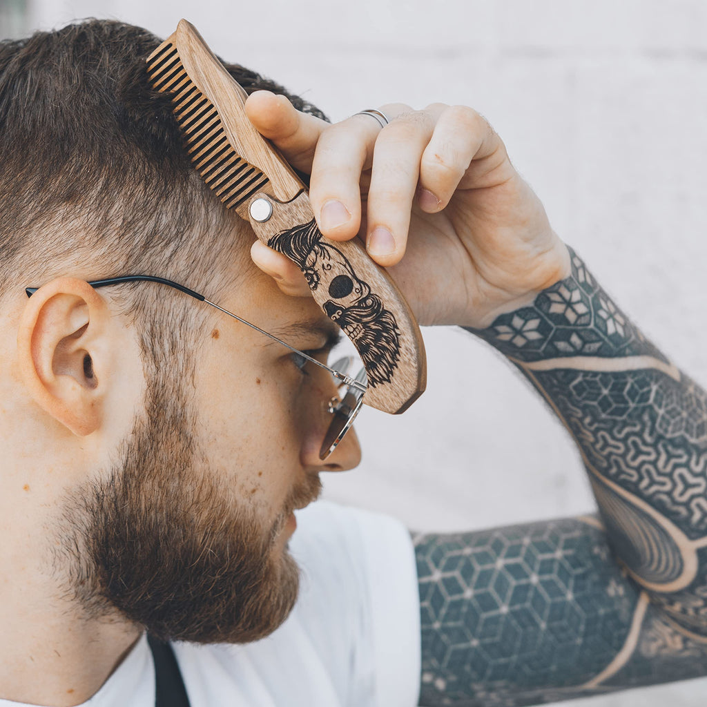 Wooden Beard Comb for Men - Personalized Folding Pocket Comb for Moustache Beard & Hair Walnut Combs Engraved (Half Skull)