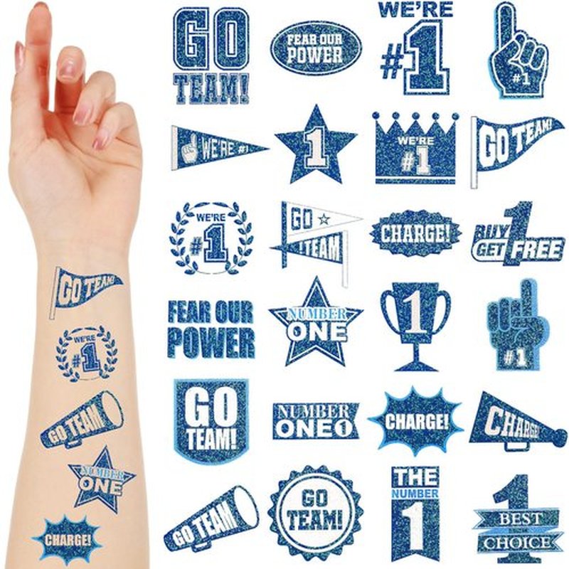 Landhoow 240 Pcs Blue Team Spirit Tattoos Temporary Glitter Go Team Tattoos Football Temporary Stickers Party Costume Accessory for School Spirit Supplies
