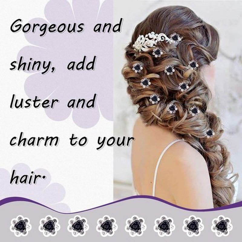 Swpeet 40Pcs Black U-Shaped Crystal Hair Pins Rose Flower Rhinestone Hair Clips Hair Accessories for Bridal Wedding Women Hair Jewelry Accessories, with Storage Bag