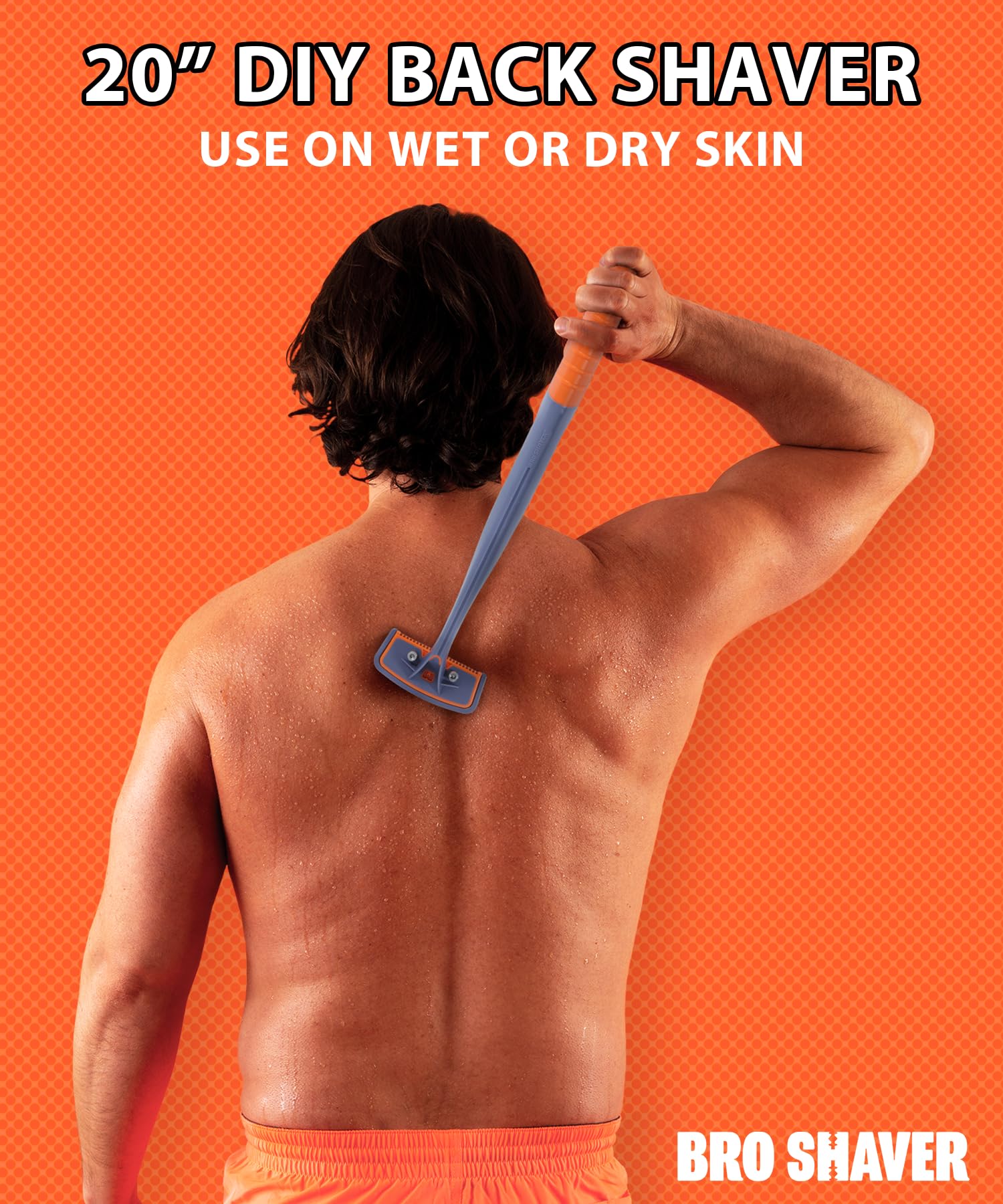 BroShaver 3.0, DIY Back & Body Hair Trimmer - Wet or Dry Shave for Men. Split Handle Razor with Ergonomic Grip