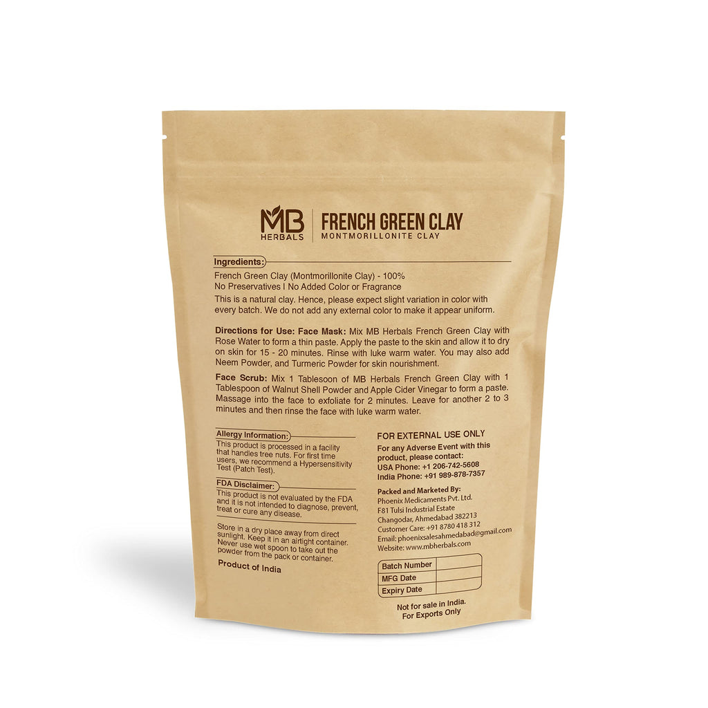 MB Herbals French Green Clay 100g | (3.5 oz) | 100% Pure Montmorillonite Clay | Absorbs Excess Oil | Detoxifies Skin | Recommended For Oily Skin | Mined and Processed in India