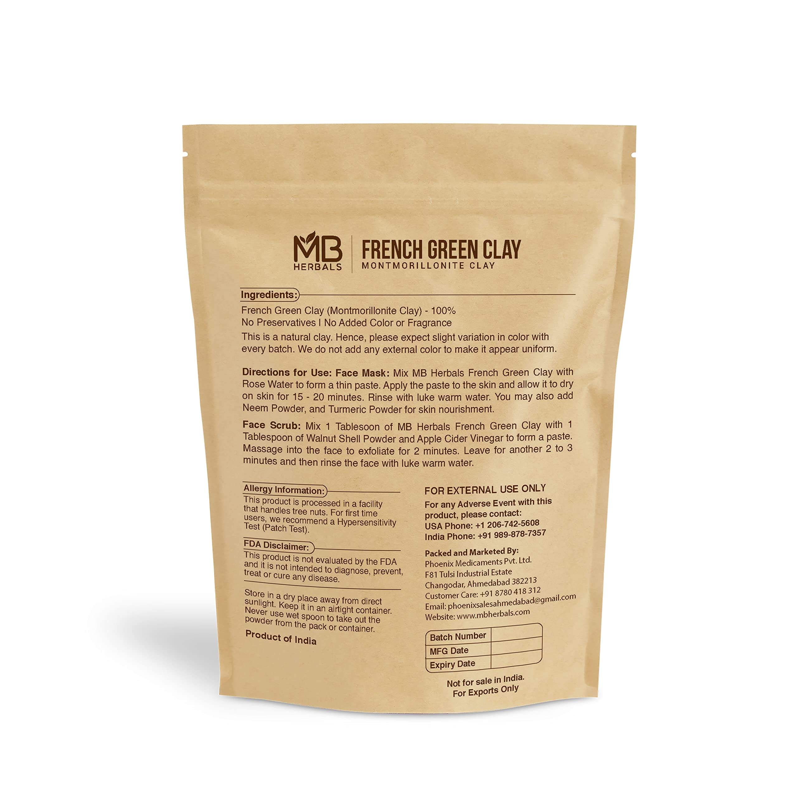MB Herbals French Green Clay 100g | (3.5 oz) | 100% Pure Montmorillonite Clay | Absorbs Excess Oil | Detoxifies Skin | Recommended For Oily Skin | Mined and Processed in India
