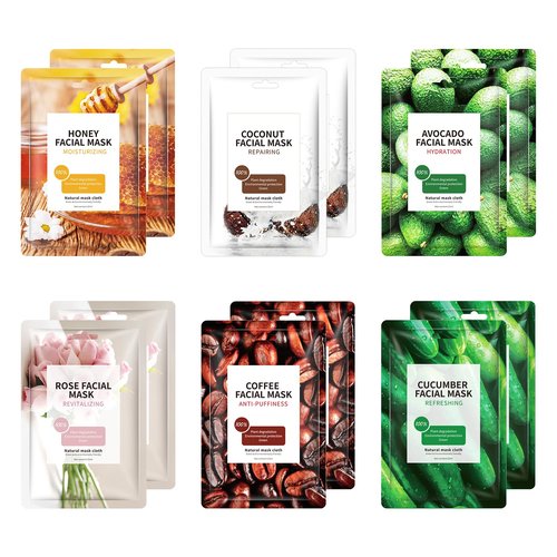 GUOYAOLIFU 12 Pack Fruit Face Mask for Women,Hydrating Facial Sheet Mask Skincare Set，Moisturizing Facial Spa Masks for All Skin Types