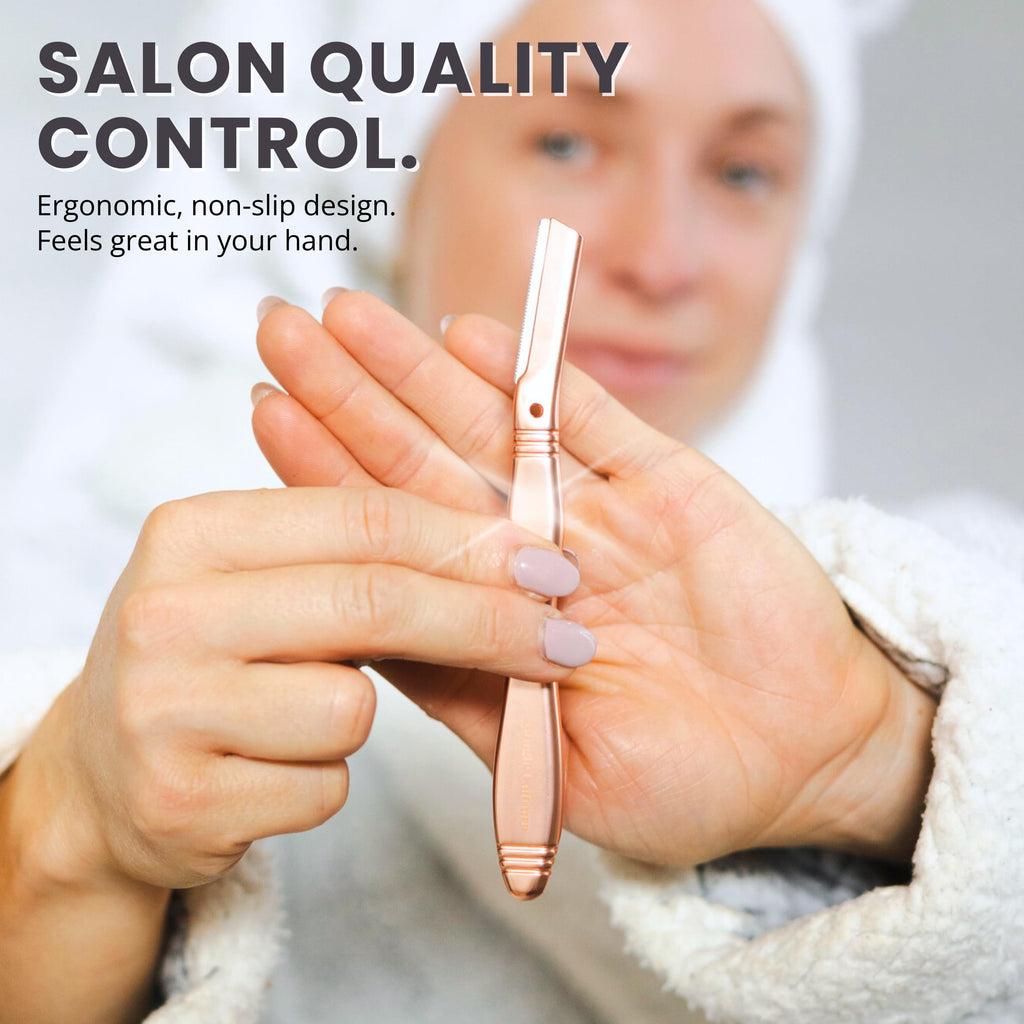 Jungle Culture Dermaplaning Tool – Facial Razor for Women with 5 Refill Blades – Reusable Eyebrow Shaper & Exfoliator – Rose Gold