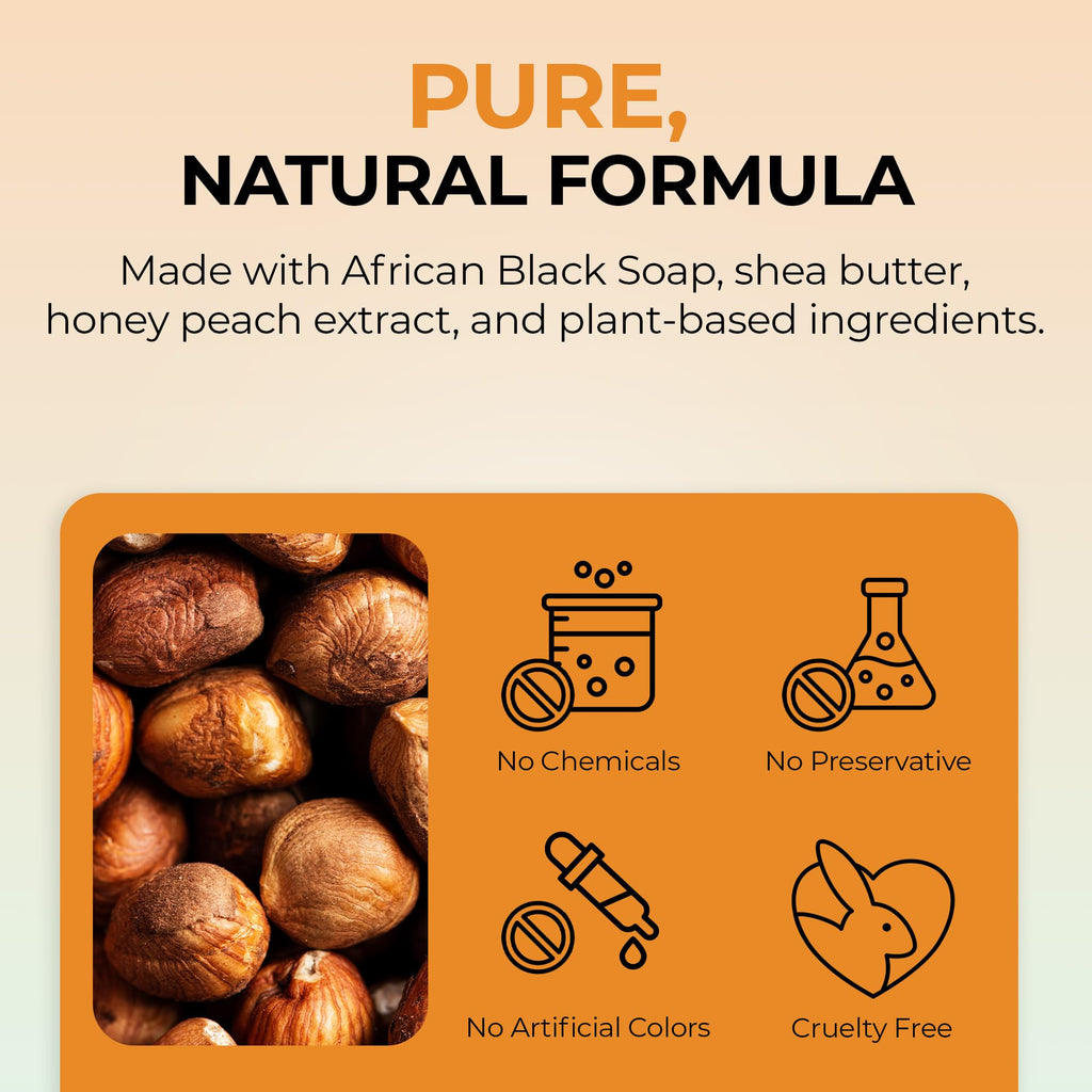 RA COSMETICS 100% African Liquid Black Soap with Honey Peach – Liquid African Black Soap Body Wash with Shea Butter, Coconut Oil & Plantain Peel | Deep Cleansing for Sensitive & Acne-Prone Skin, 8 oz
