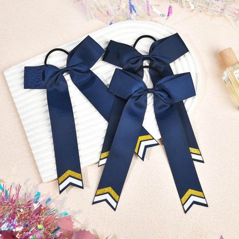 DEEKA 12PCS Collegiate Style Cheer Bows with Glitter Chevrons Tail Skinny College Cheerleader Ponytail Holder for Volleyball Softball Girls (Navy Blue/Gold/White)