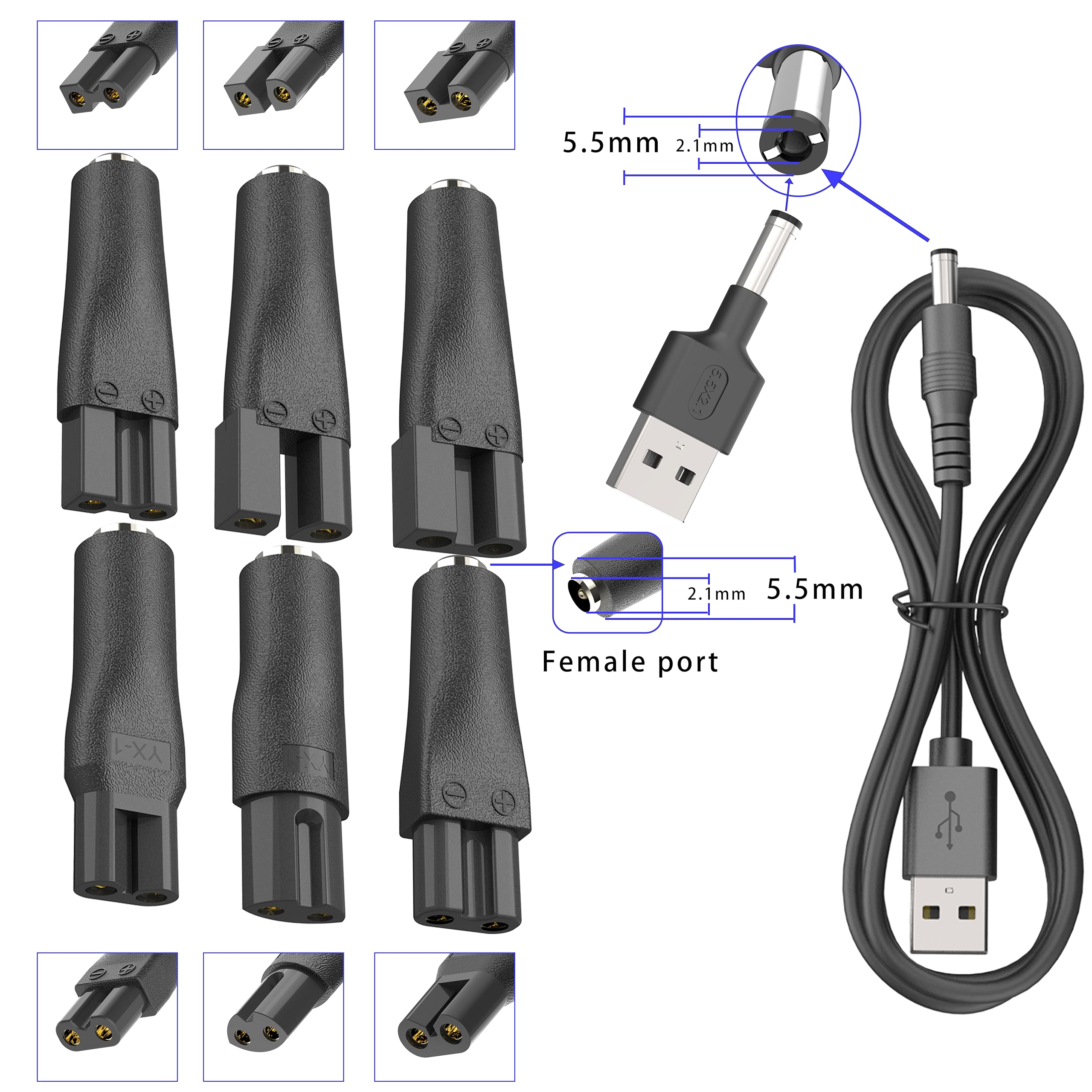 7 PCS Power Cord 5V Replacement Charger USB Adapter Set Compatible with a Various Types of Electric Hair Clippers,Beard Trimmers,Shavers,Beauty Instruments, Electric Hairdressers,Desk Lamps,Purifiers