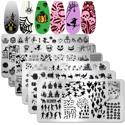 JERCLITY 6pcs Halloween Nail Stamping Plates Halloween Nail Stamping Plates for Nails Cobwebs Witch Ghost Skull Jack-o'-Lantern Haunted House Image Stamper Kit