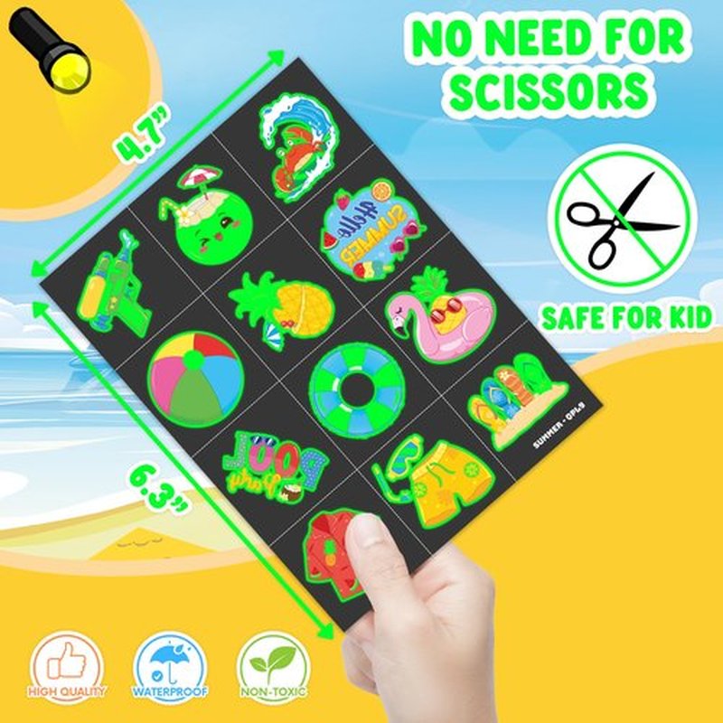 96 PCS Hello Summer Beach Pool Hawaiian Pre-Cut Luminous Glow in the dark Temporary Tattoos for Kids | Super Cute Themed Birthday Party Favors Supplies Decorations, Fake Tattoos Gifts for Boys Girls