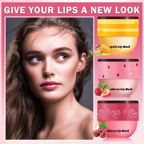 CAHIUYOA 3PCS Bee Lip Balm Honey Pot Honey Lip Balm Strawberry Honey Cherry Lip Sleeping Mask Hydrating Bee Lip Balm with Stick Day & Night Lip Care Products - Strawberry Honey Cherry