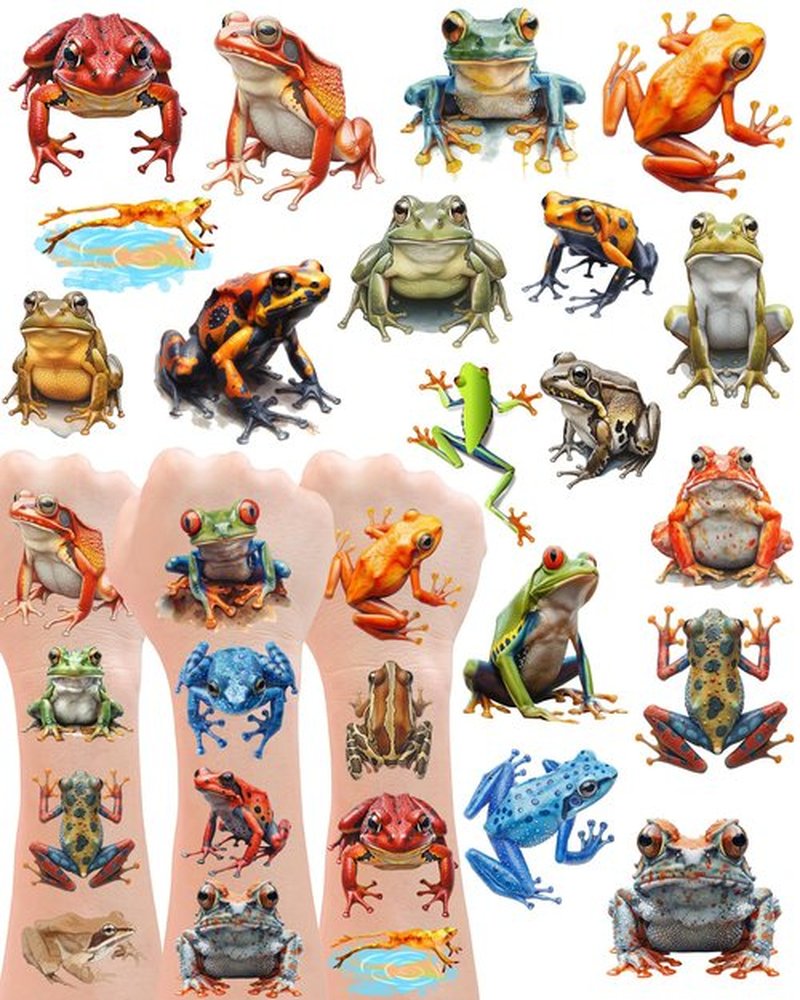 Frog Temporary Tattoos, 188 PCS 20 Sheets, Hypoallergenic, Hyper-Realistic Design, Frog Party Tattoos Stickers Themed Gifts for Leap Frogs Enthusiasts