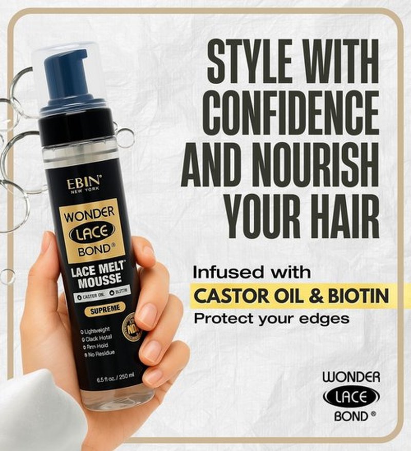 EBIN NEW YORK Wonder Lace Bond Melt Mousse 8.5oz/250ml- Extreme Firm Hold (Supreme) | Biotin + Castor Oil | No Residue, Long Lasting Formula with Protecting Edges, Gives Undetectable and Natural Look