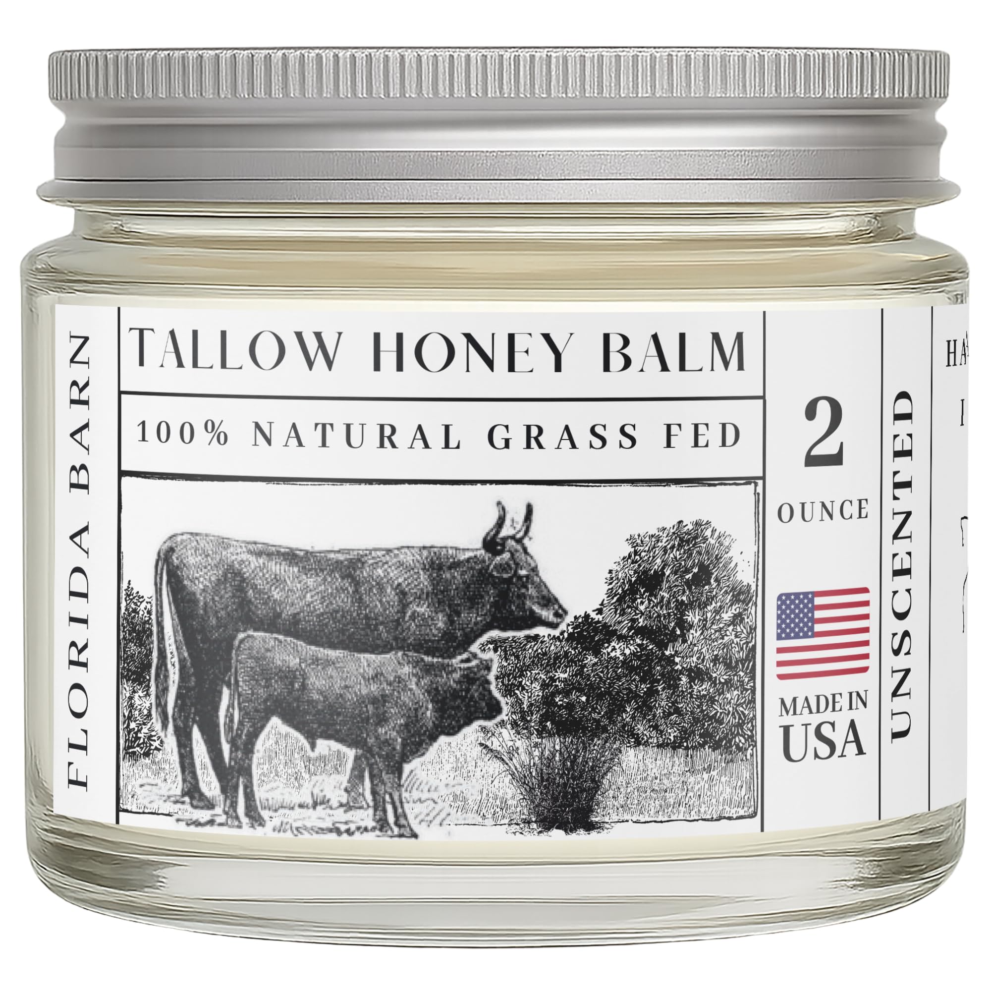 Florida Barn - Tallow Honey Balm, 2 oz, Organic Raw Honey & Castor Oil, Grass-Fed Beef Tallow, All-Natural Moisturizer for Dry and Sensitive Skin, Soothing Body and Face Cream