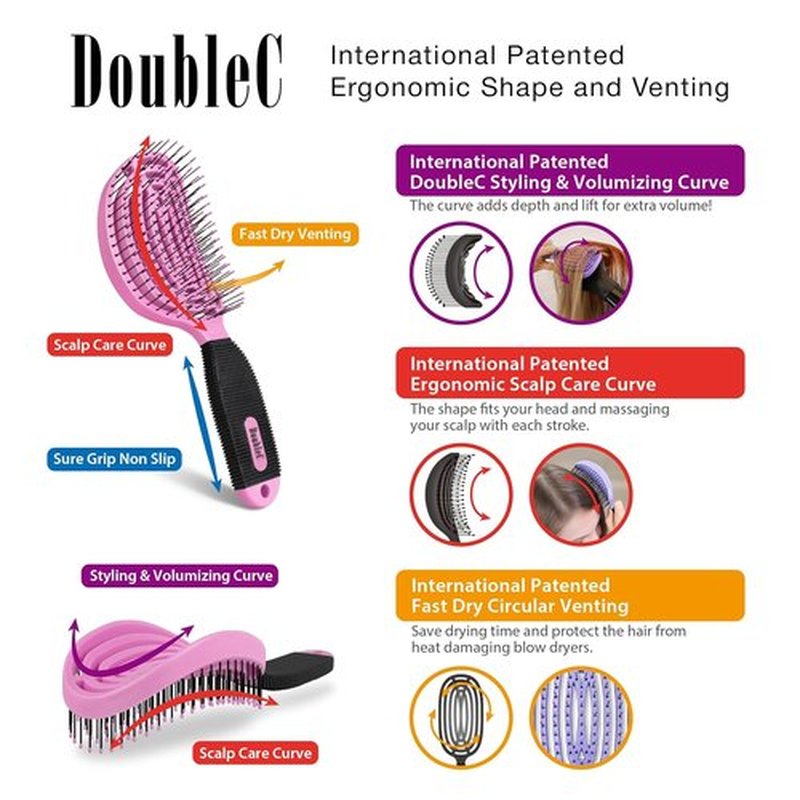 NuWay DoubleC Detangling Hair Brush - Patented Scalp Care Brush for Gentle Detangling & Volume Styling (Rose Pink)